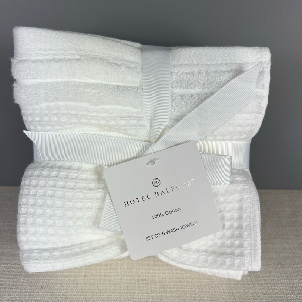 Hotel Balfour Wash Cloth Set Waffle Weave White 100% Cotton Luxury Spa 5 pc NEW